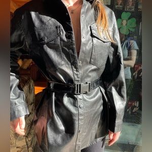 leather button up with tight leather buckle waist belt